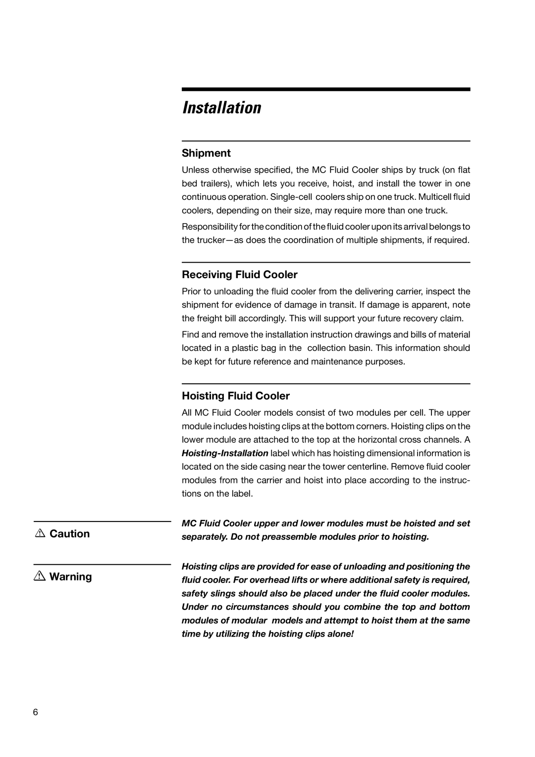 SPX Cooling Technologies none user manual Installation, Shipment, Receiving Fluid Cooler, Hoisting Fluid Cooler 