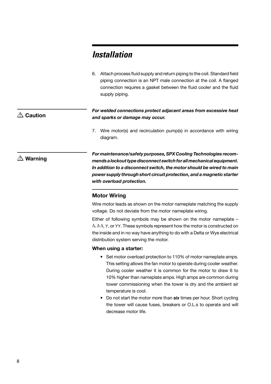 SPX Cooling Technologies none user manual Motor Wiring, When using a starter 