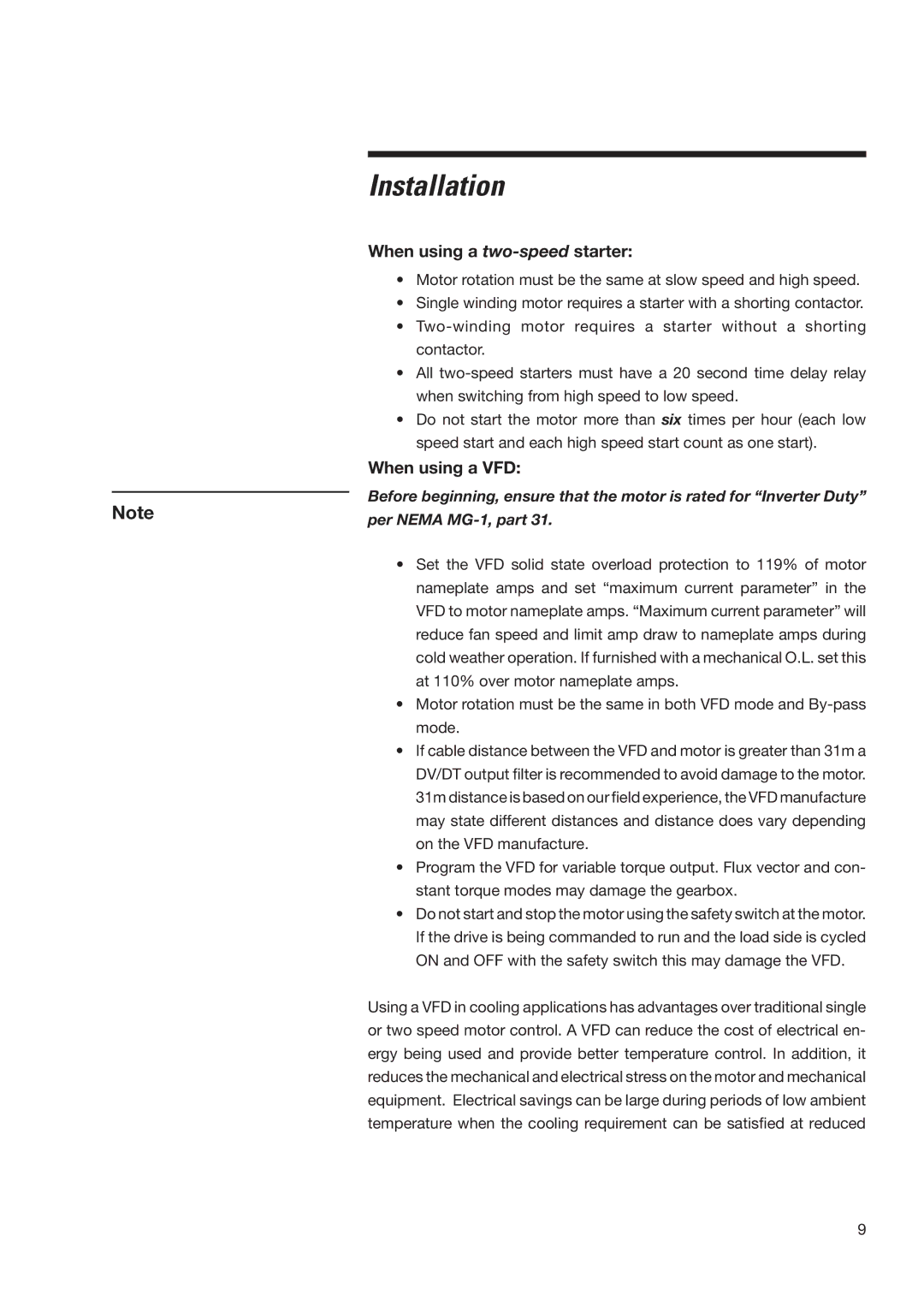 SPX Cooling Technologies none user manual When using a two-speedstarter, When using a VFD 