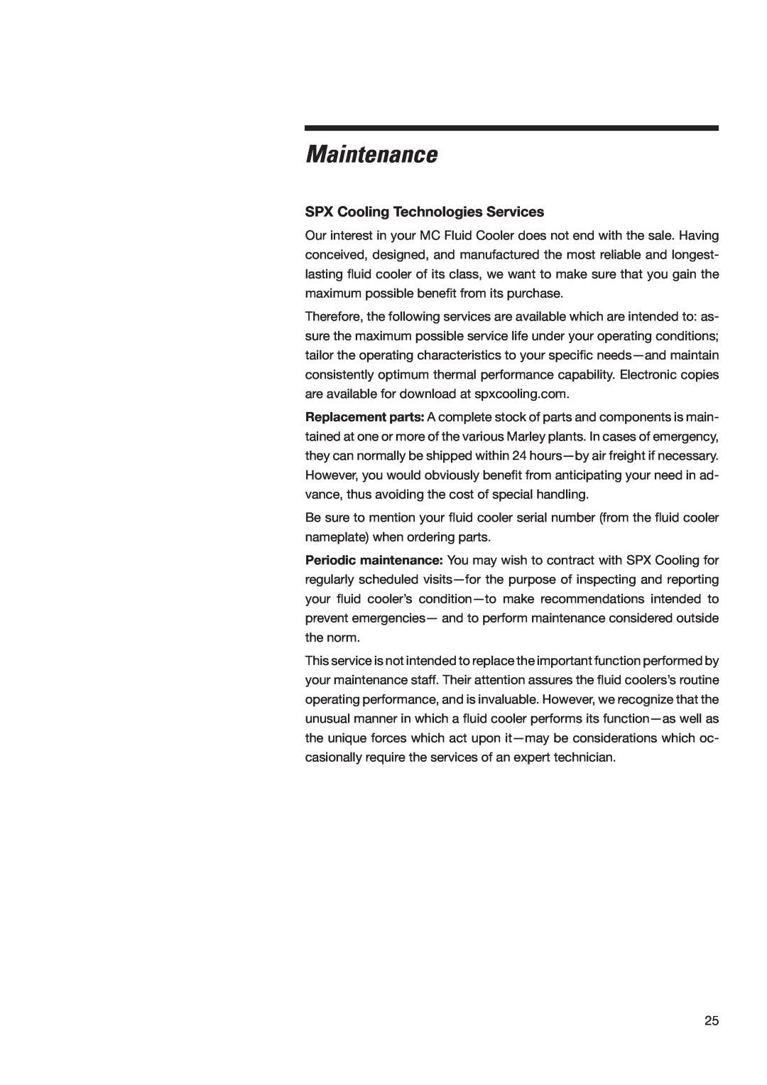 SPX Cooling Technologies none user manual SPX Cooling Technologies Services, Maintenance 