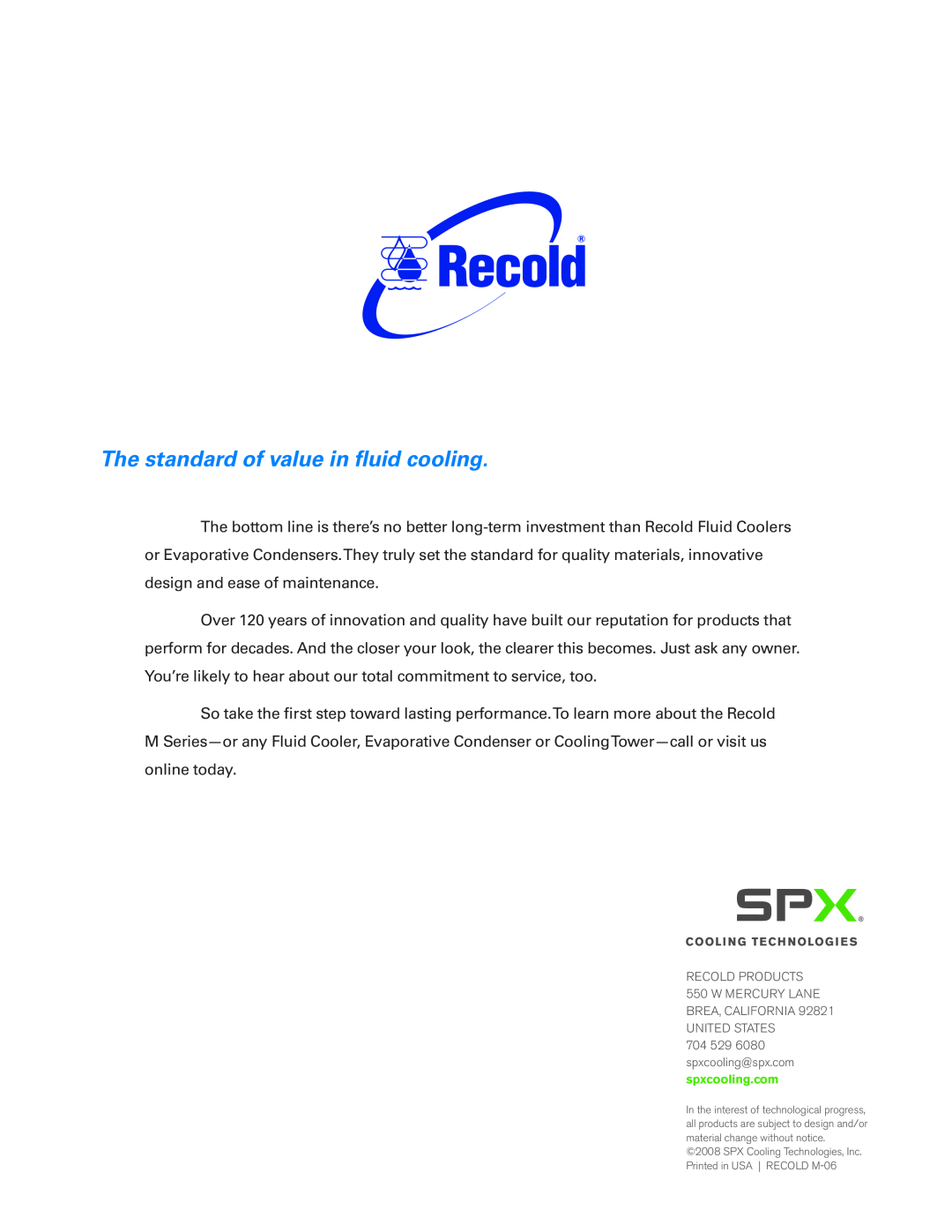 SPX Cooling Technologies Recold M manual The standard of value in fluid cooling, Recold Products 