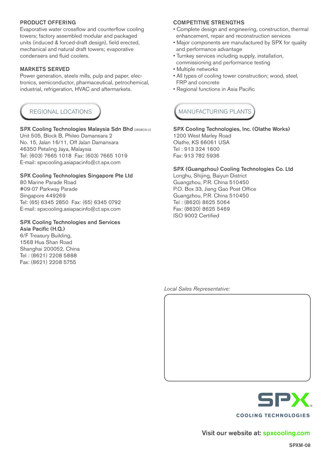 SPX Cooling Technologies SPXM-08 manual Visit our website at spxcooling.com 