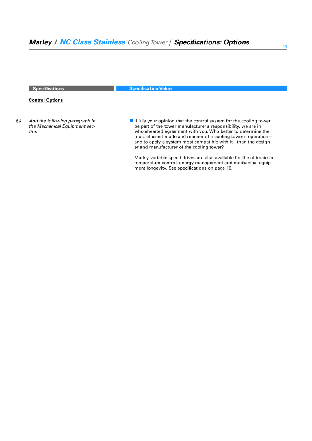 SPX Cooling Technologies SS-NC-08A specifications Control Options 