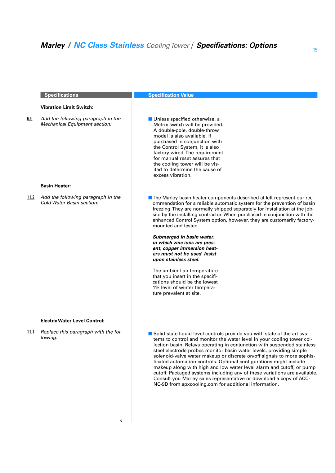SPX Cooling Technologies SS-NC-08A specifications Vibration Limit Switch, Basin Heater, Electric Water Level Control 
