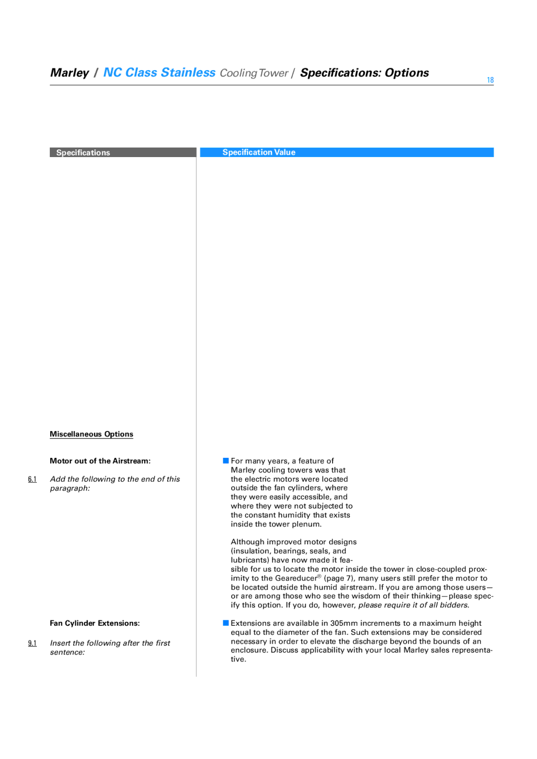 SPX Cooling Technologies SS-NC-08A specifications Miscellaneous Options Motor out of the Airstream, Fan Cylinder Extensions 