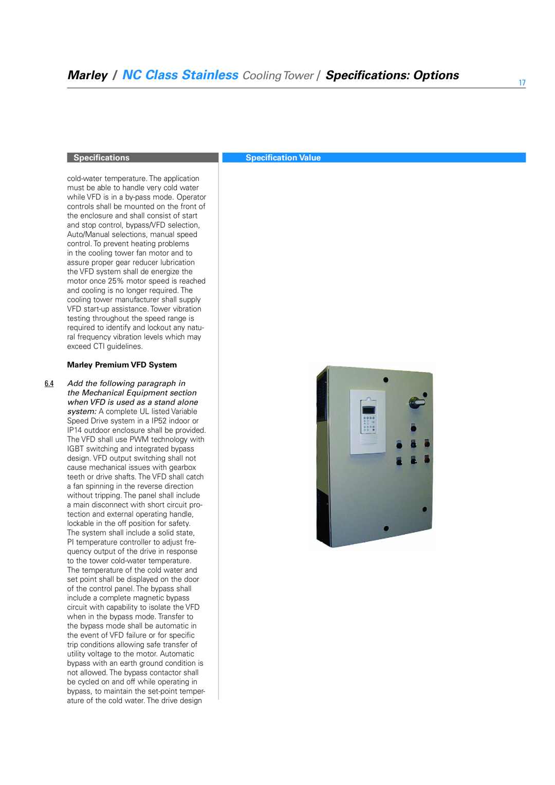 SPX Cooling Technologies SS-NC-08A specifications Specifications, Specification Value, Marley Premium VFD System 