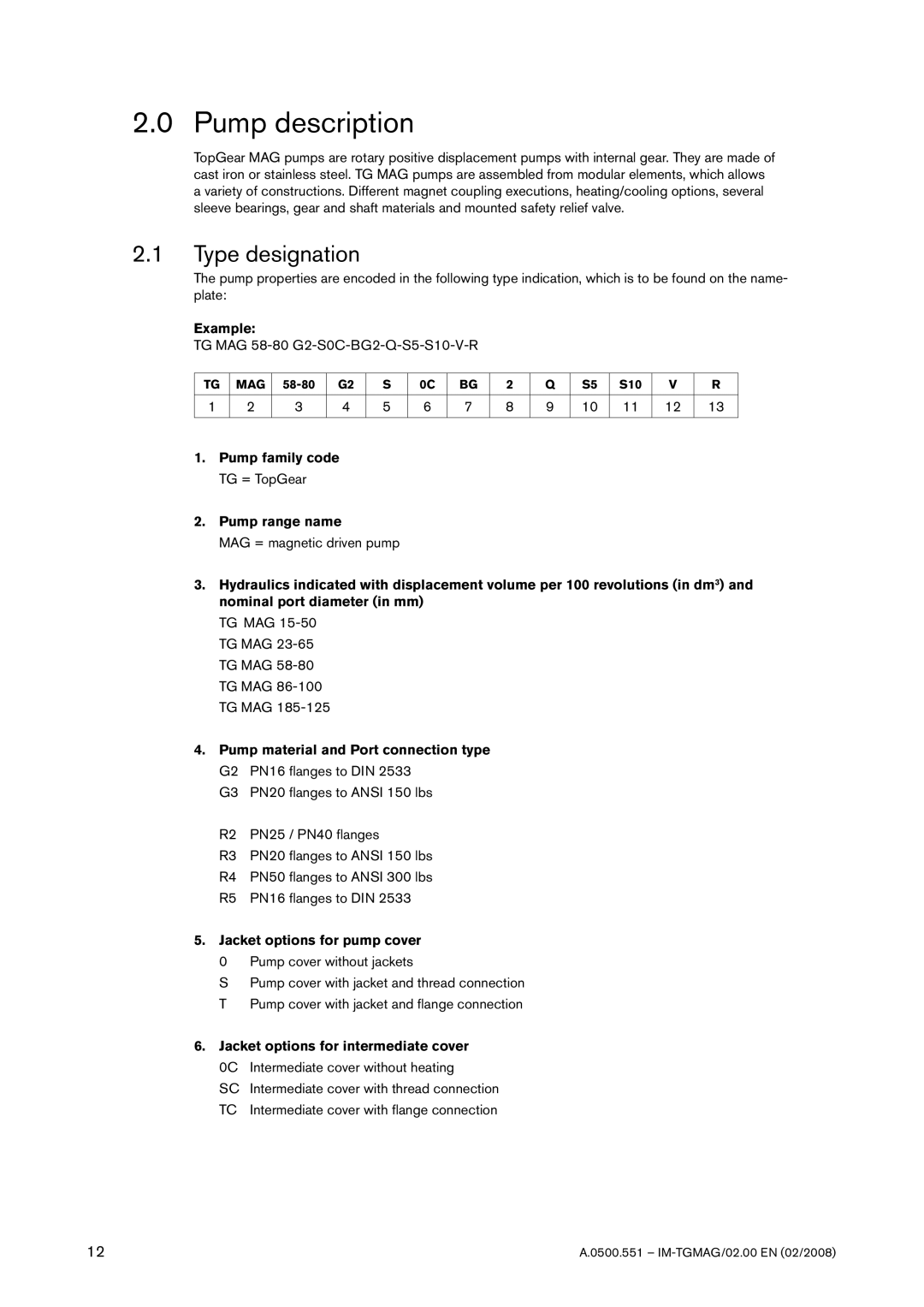 SPX Cooling Technologies TG MAG58-80, TG MAG15-50 Type designation, Example, Pump family code TG = TopGear Pump range name 