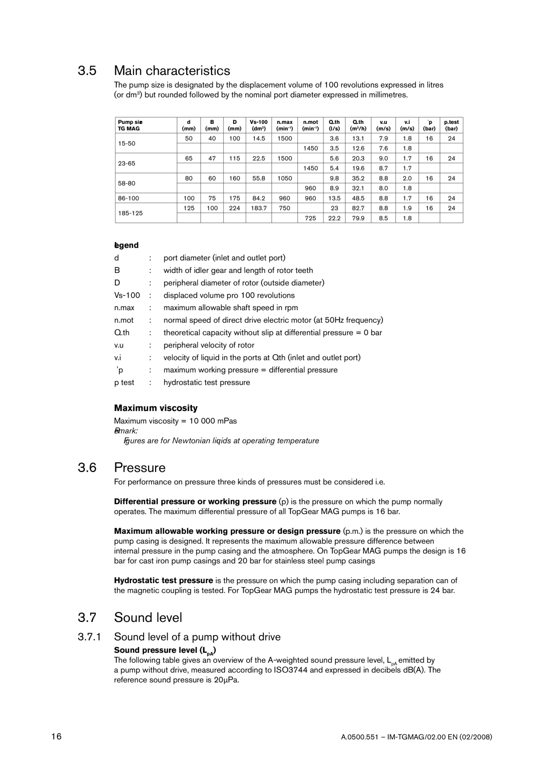 SPX Cooling Technologies TG MAG15-50, TG MAG58-80 Main characteristics, Pressure, Sound level of a pump without drive 