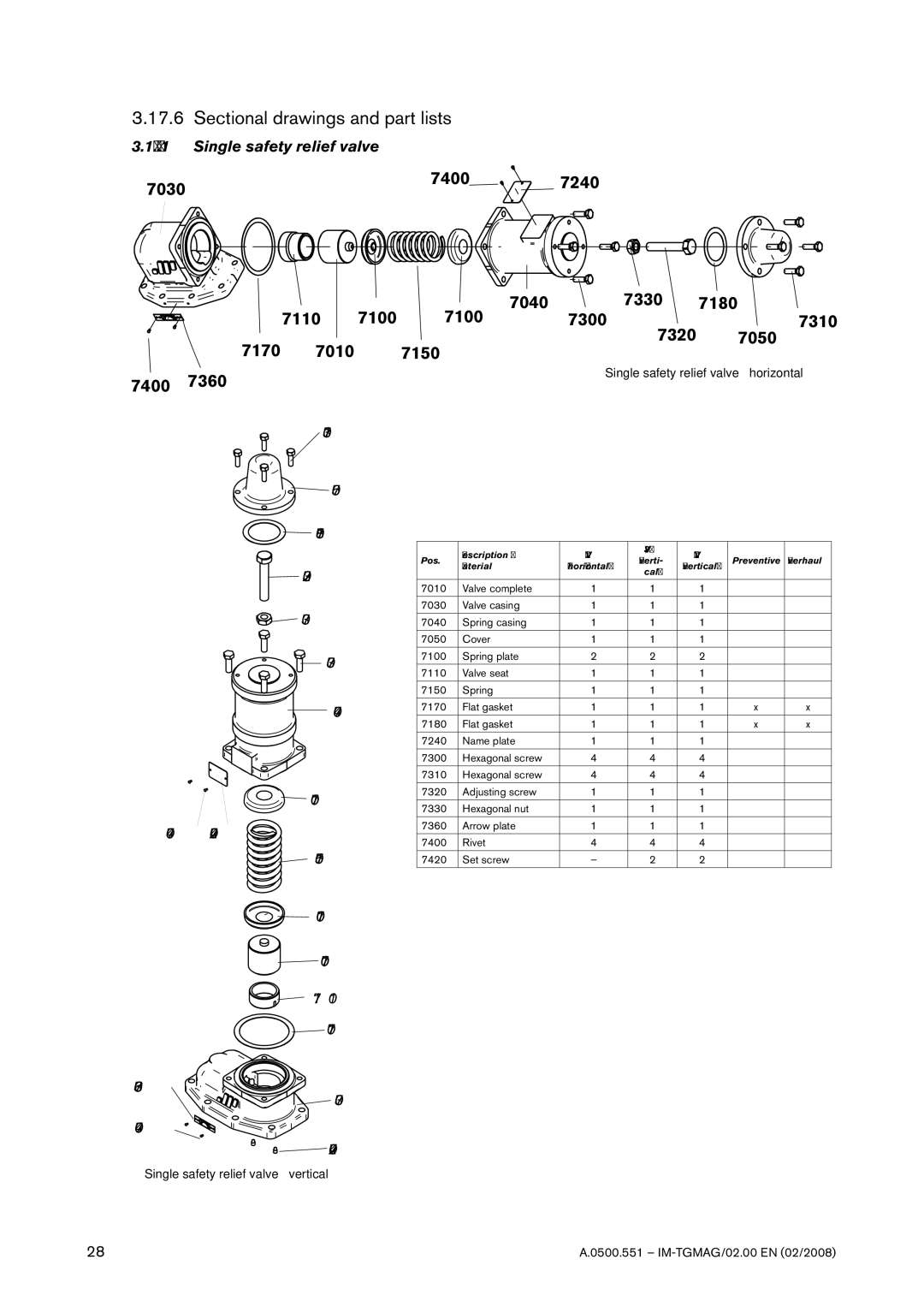 SPX Cooling Technologies TG MAG23-65, TG MAG185-125 Sectional drawings and part lists, Single safety relief valve 