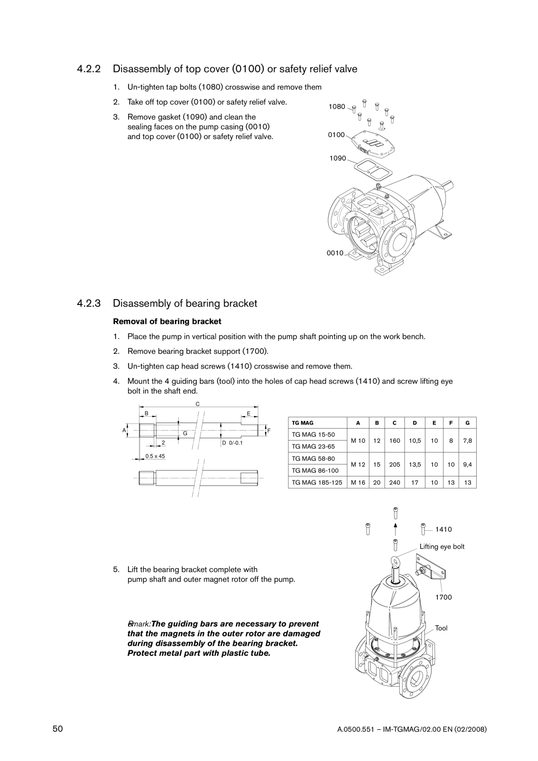 SPX Cooling Technologies TG MAG185-125 Disassembly of top cover 0100 or safety relief valve, Removal of bearing bracket 