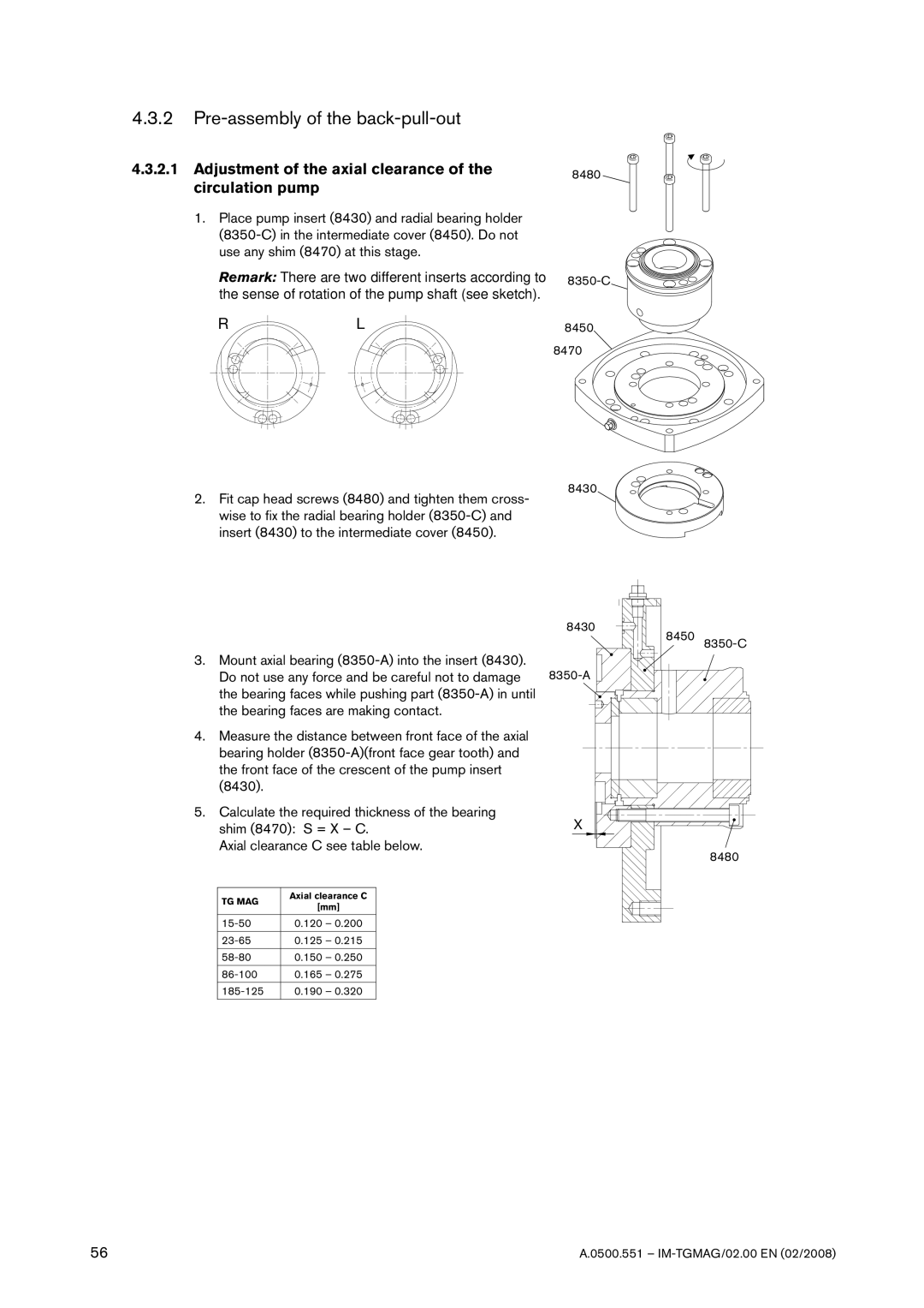 SPX Cooling Technologies TG MAG15-50, TG MAG185-125 Pre-assembly of the back-pull-out, Adjustment of the axial clearance 