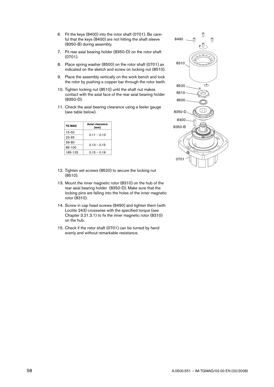 SPX Cooling Technologies TG MAG23-65, TG MAG185-125, TG MAG15-50, TG MAG58-80, TG MAG86-100 instruction manual Axial clearance 