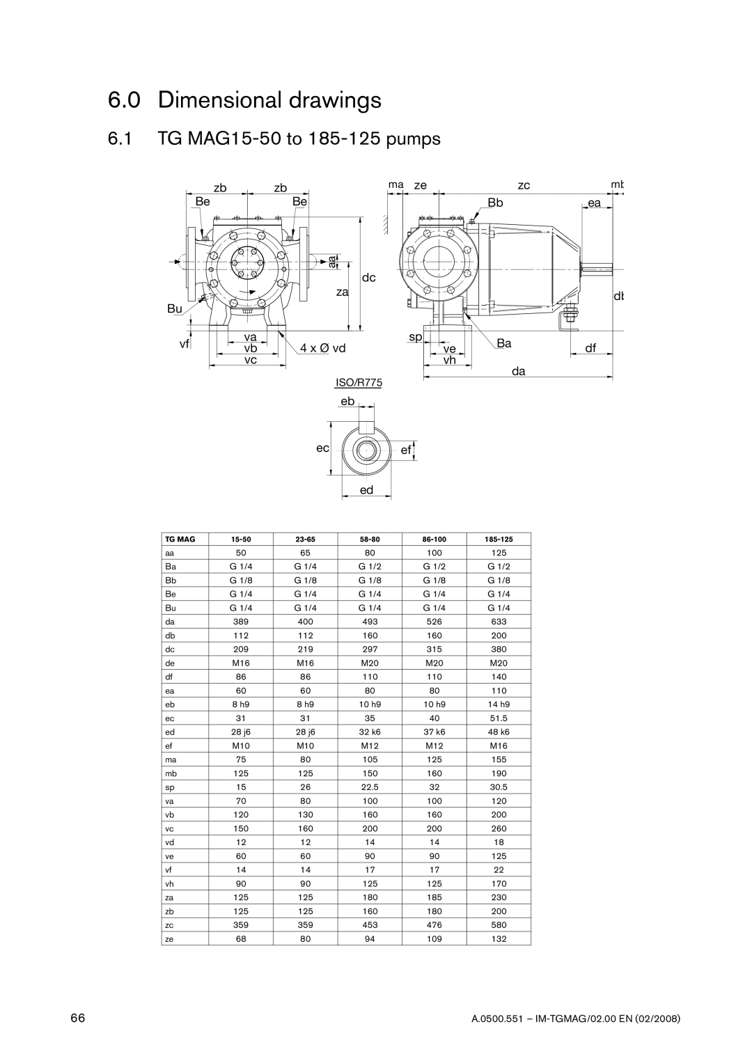 SPX Cooling Technologies TG MAG185-125, TG MAG58-80, TG MAG23-65 Dimensional drawings, TG MAG15-50 to 185-125 pumps 