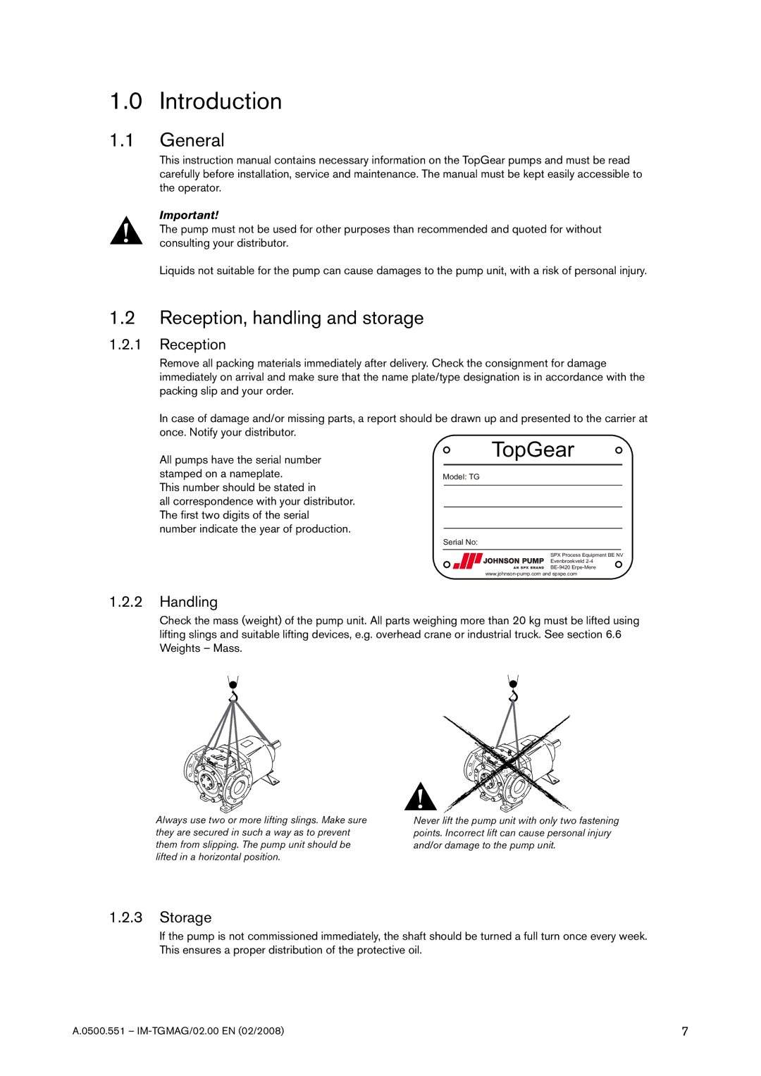 SPX Cooling Technologies TG MAG58-80, TG MAG185-125 General, Reception, handling and storage, Handling, Storage 