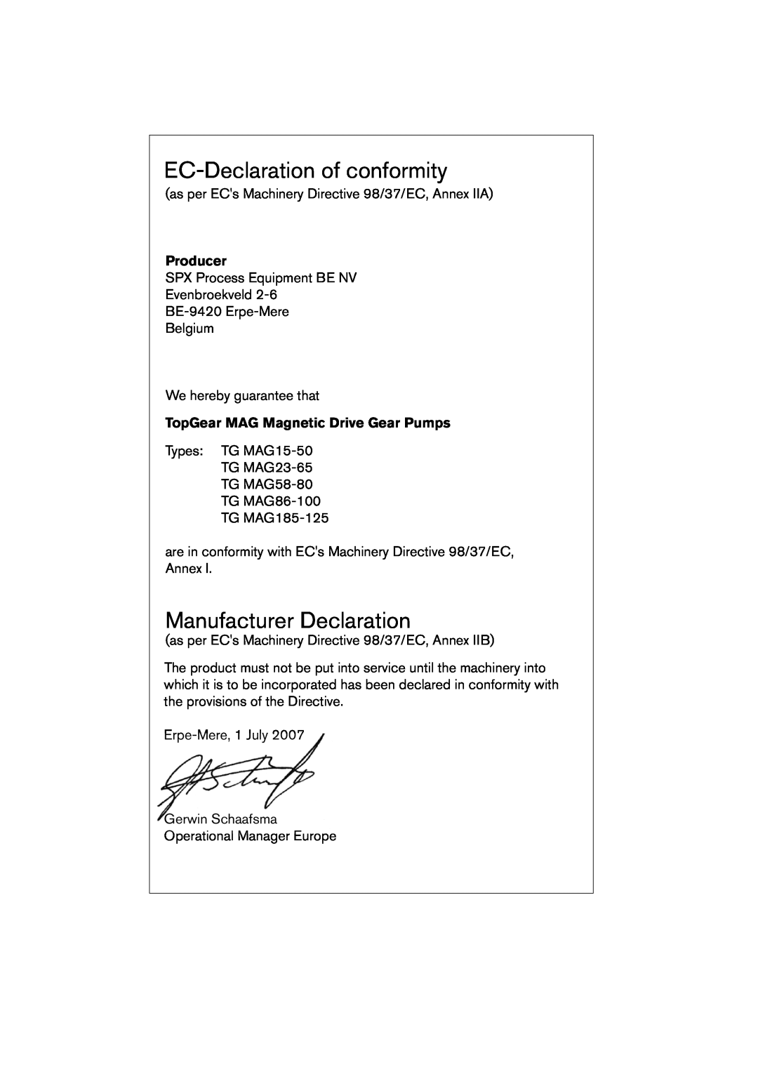 SPX Cooling Technologies TG MAG58-80, TG MAG185-125 EC-Declarationof conformity, Manufacturer Declaration, Producer 