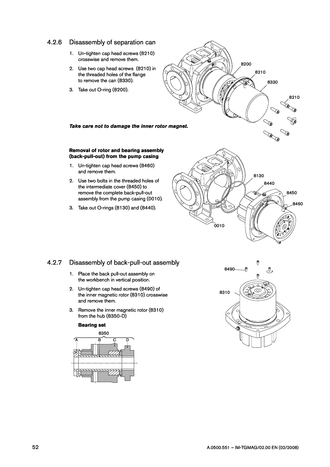 SPX Cooling Technologies TG MAG58-80 Disassembly of separation can, 4.2.7Disassembly of back-pull-outassembly, Bearing set 