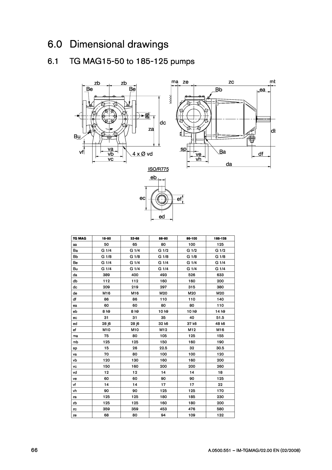SPX Cooling Technologies TG MAG185-125, TG MAG58-80, TG MAG23-65 6.0Dimensional drawings, 6.1TG MAG15-50to 185-125pumps 