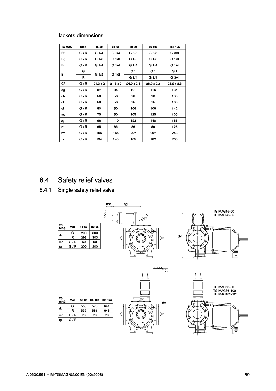 SPX Cooling Technologies TG MAG86-100 6.4Safety relief valves, Jackets dimensions, 6.4.1Single safety relief valve 