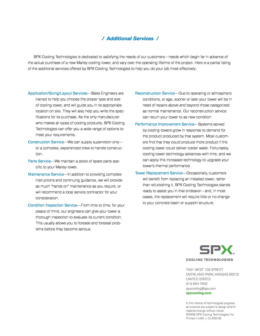 SPX Cooling Technologies W400 manual Additional Services 