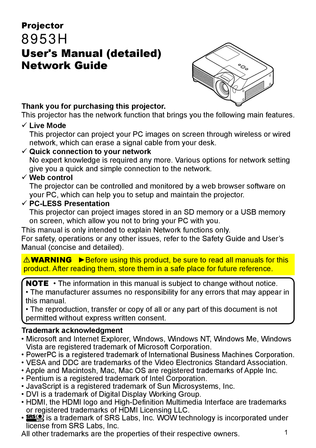 SRS Labs 8953H user manual Thank you for purchasing this projector, Live Mode, Quick connection to your network 