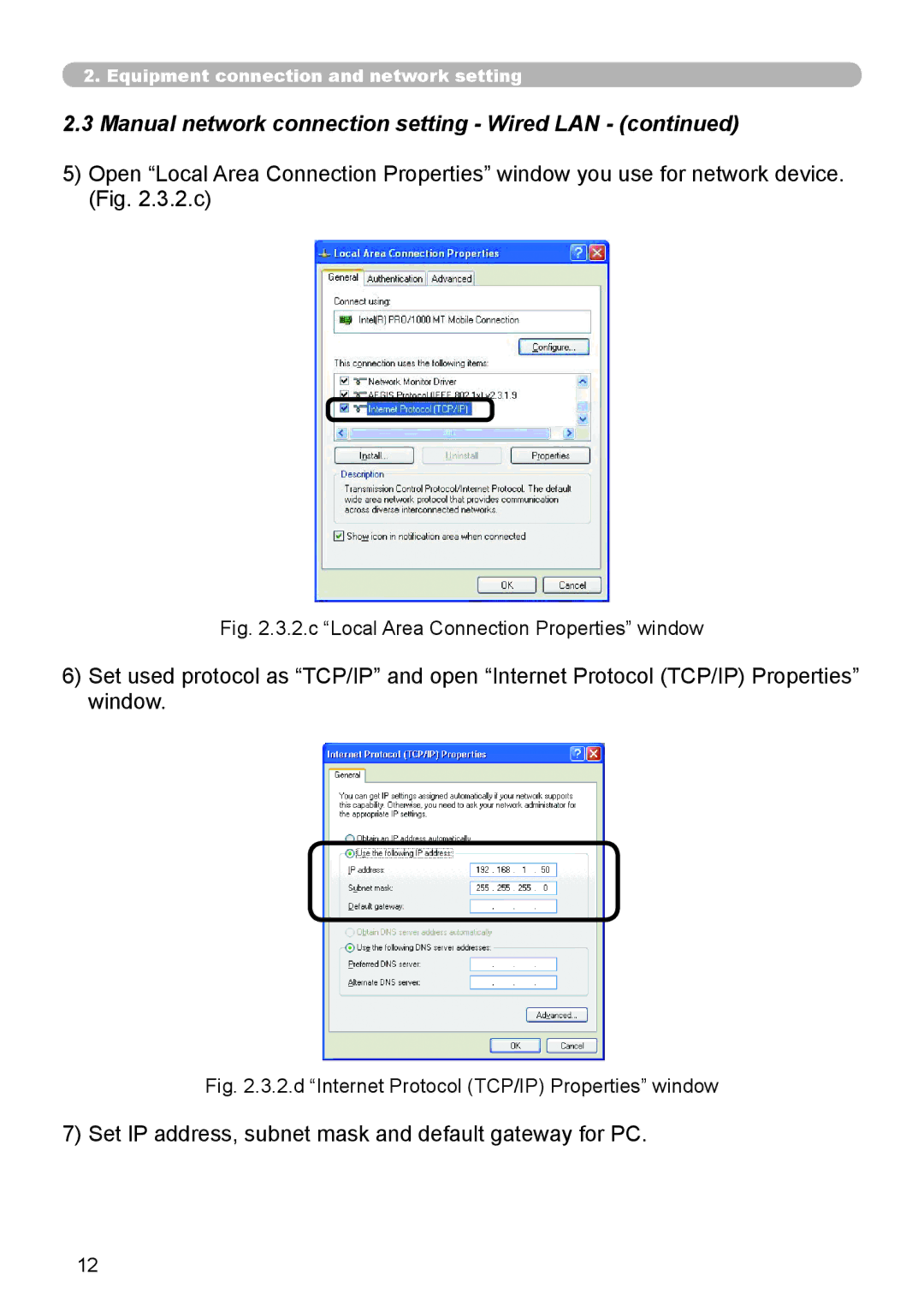 SRS Labs 8953H Manual network connection setting Wired LAN, Set IP address, subnet mask and default gateway for PC 