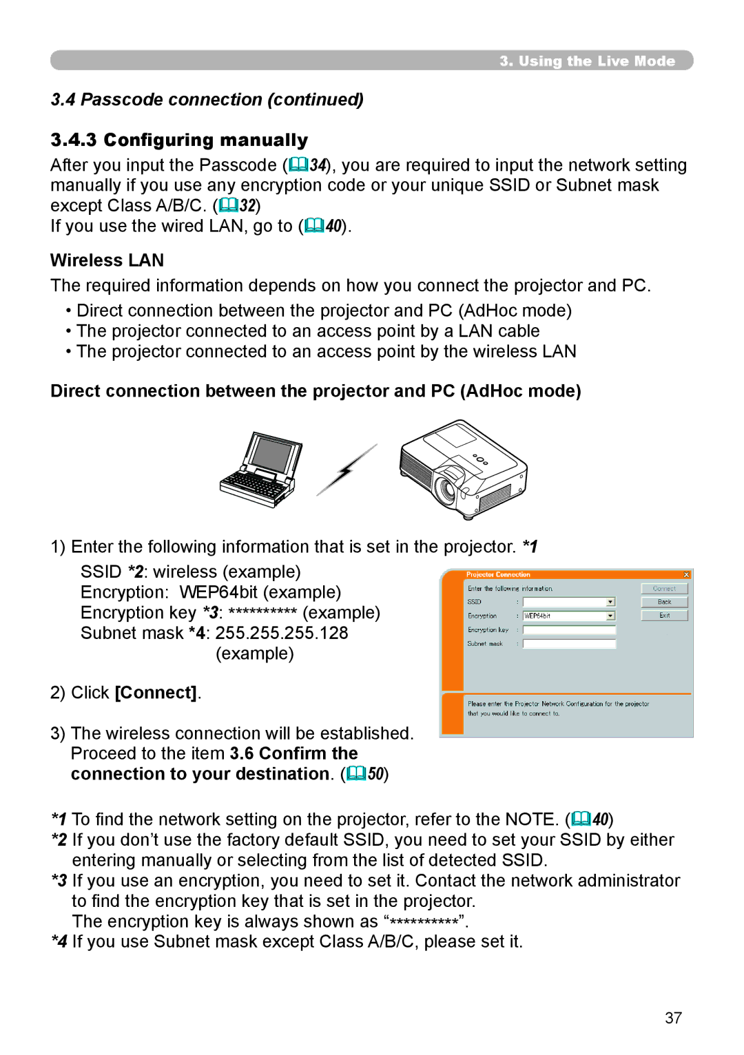 SRS Labs 8953H user manual Configuring manually, Wireless LAN, Direct connection between the projector and PC AdHoc mode 