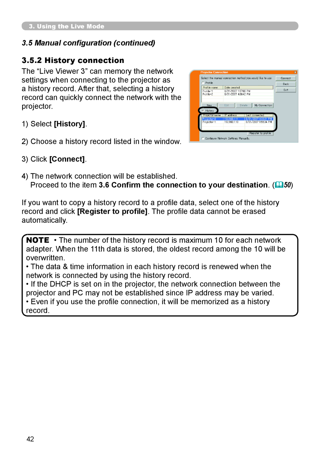 SRS Labs 8953H user manual Manual configuration, History connection, Network connection will be established 