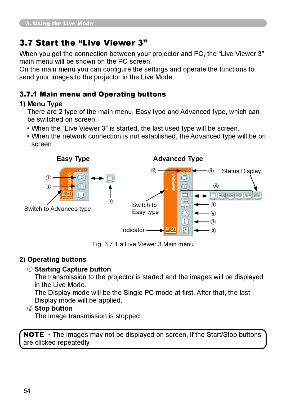 SRS Labs 8953H Start the Live Viewer, Main menu and Operating buttons Menu Type, Easy Type Advanced Type, Stop button 