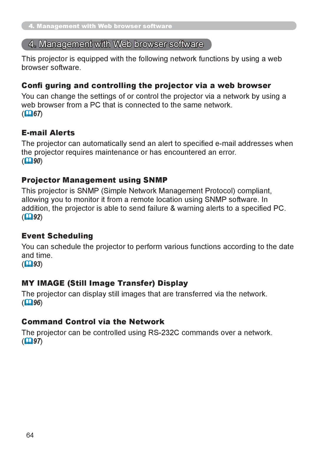 SRS Labs 8953H Mail Alerts, Projector Management using Snmp, Event Scheduling, MY Image Still Image Transfer Display 