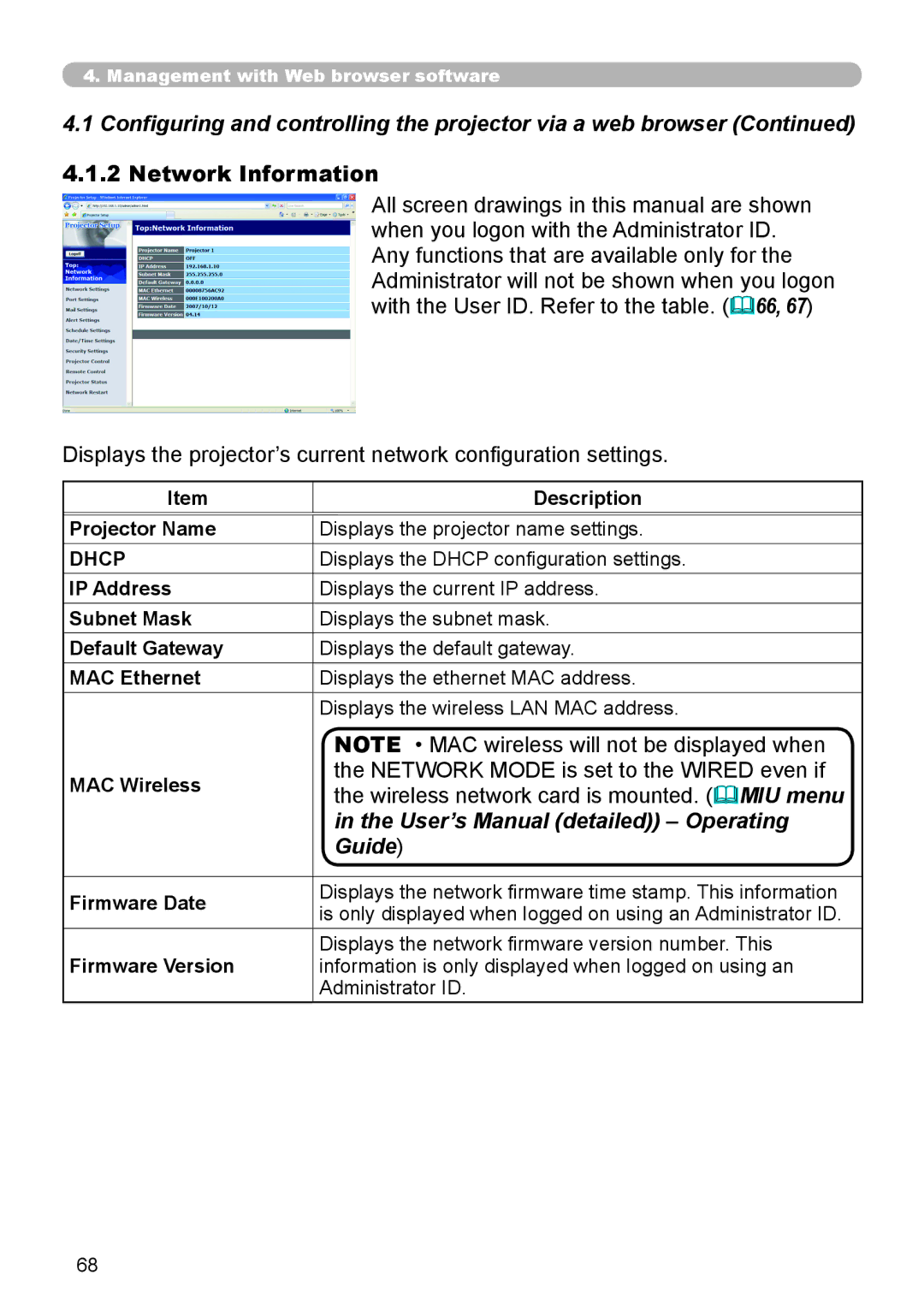 SRS Labs 8953H Network Information, Network Mode is set to the Wired even if, Wireless network card is mounted. MIU menu 