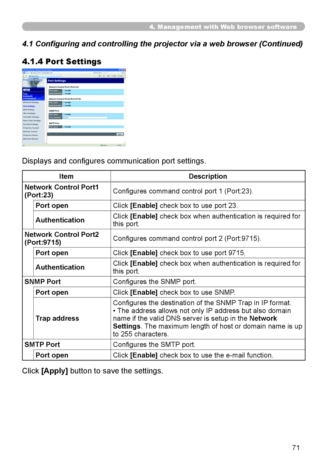 SRS Labs 8953H Port Settings, Displays and configures communication port settings, Click Apply button to save the settings 