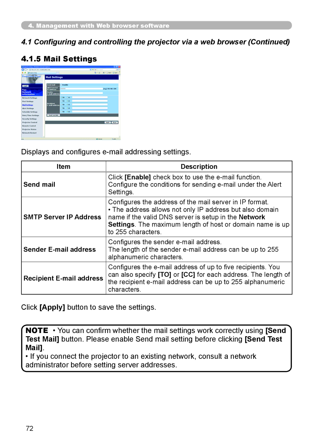 SRS Labs 8953H user manual Mail Settings, Displays and configures e-mail addressing settings 