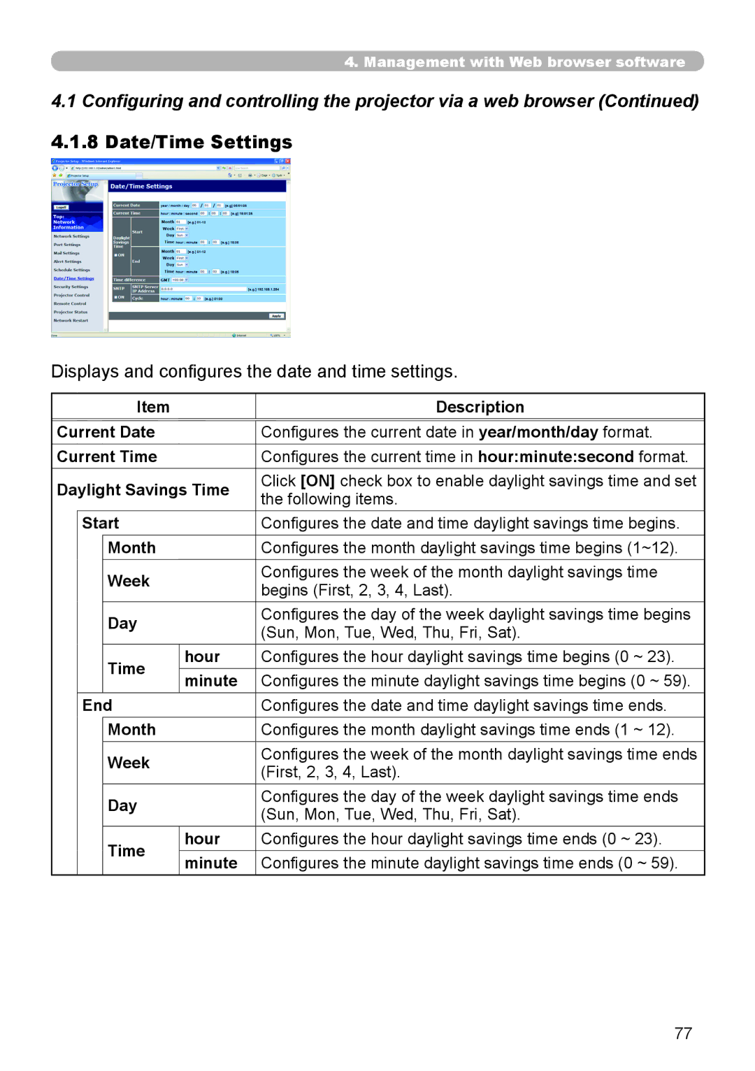 SRS Labs 8953H user manual Date/Time Settings, Displays and configures the date and time settings 