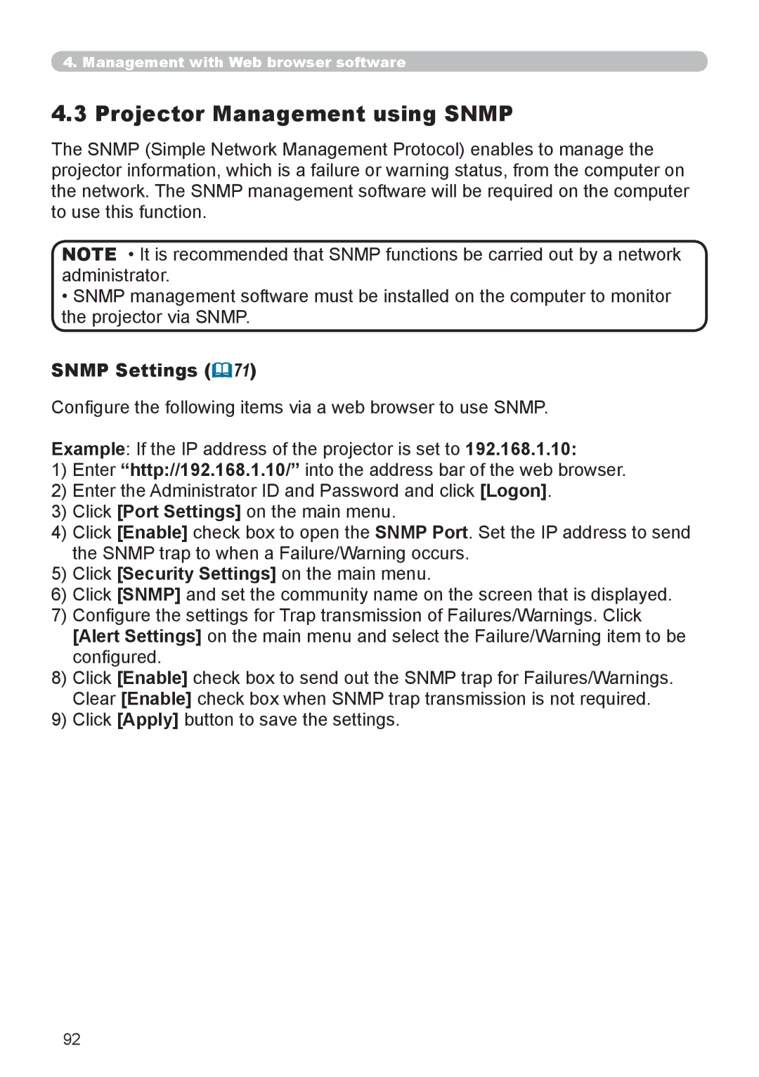 SRS Labs 8953H user manual Projector Management using Snmp, Snmp Settings 71 