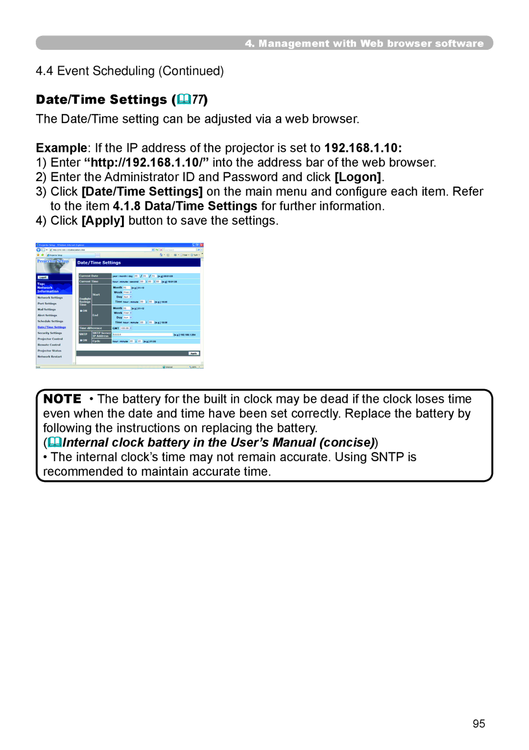 SRS Labs 8953H user manual Date/Time Settings 77, Internal clock battery in the User’s Manual concise 