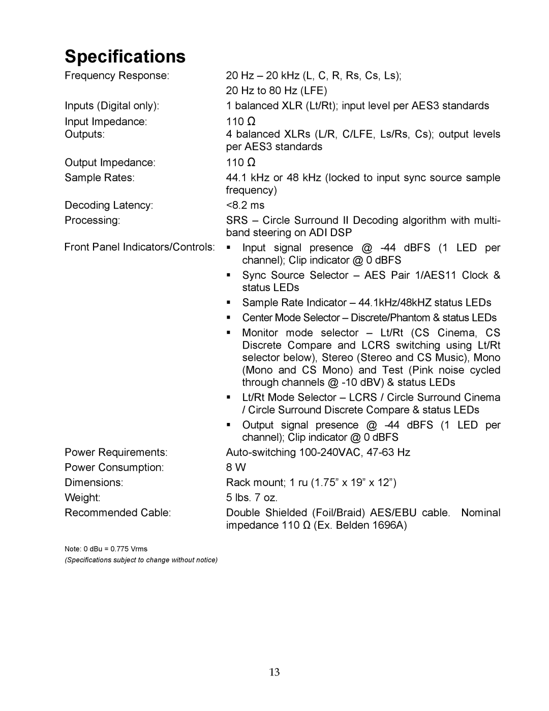 SRS Labs CSD-07D user manual Specifications 