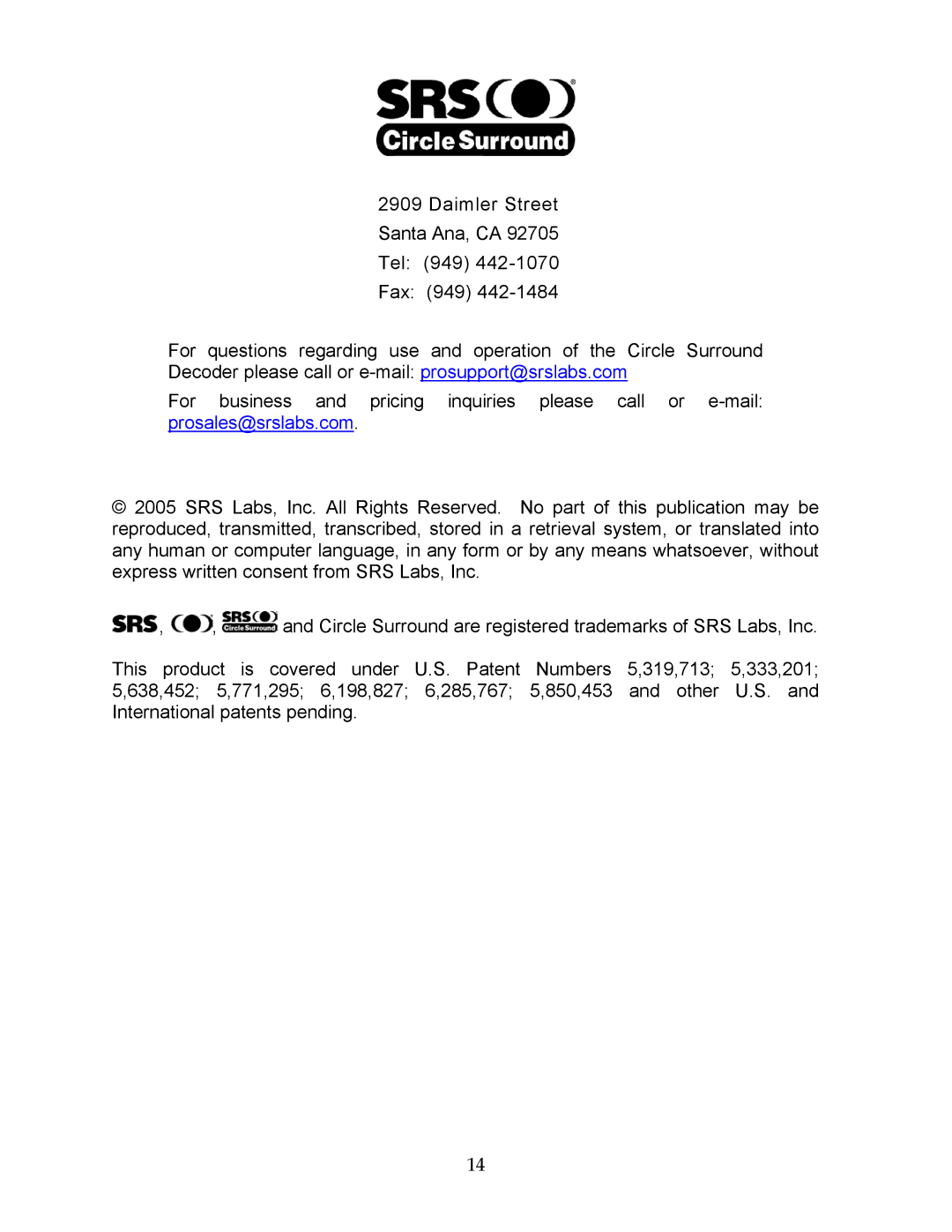 SRS Labs CSD-07D user manual 