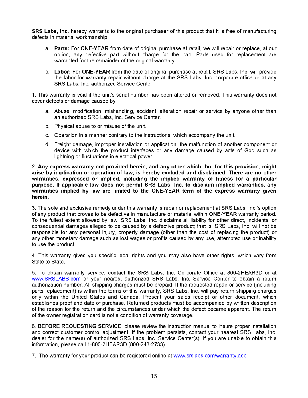 SRS Labs CSD-07D user manual 