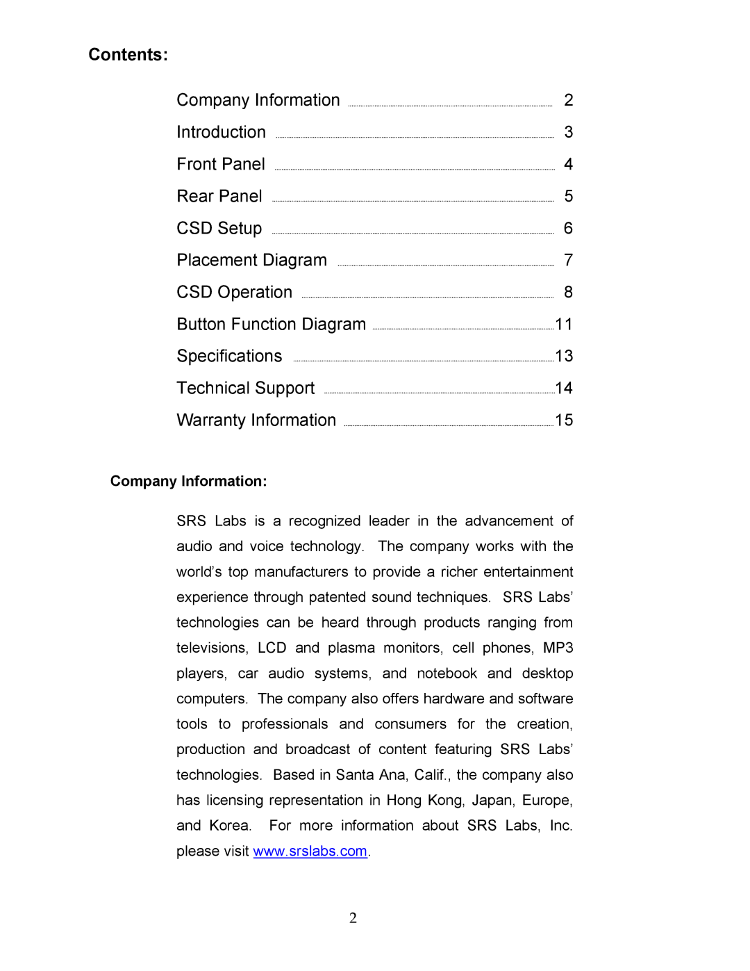 SRS Labs CSD-07D user manual Contents 