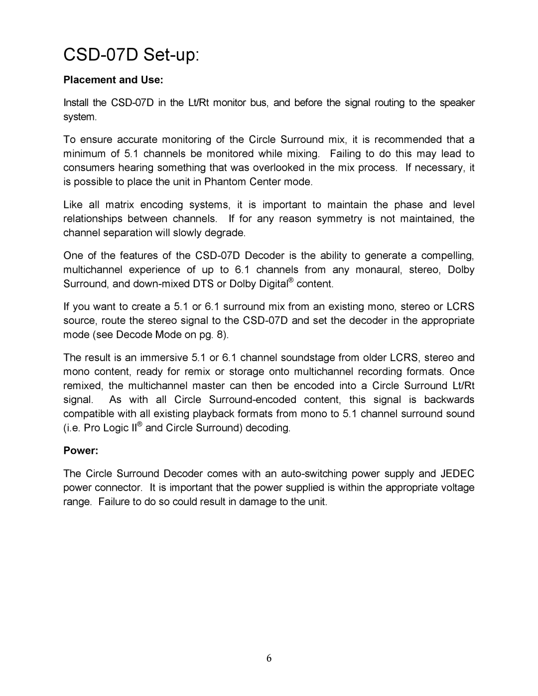 SRS Labs user manual CSD-07D Set-up 