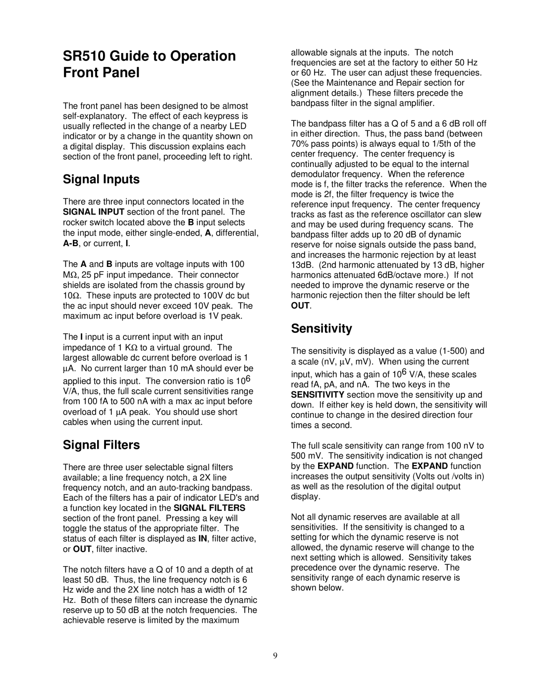 SRS Labs SR530, Lock-In Amplifier manual SR510 Guide to Operation Front Panel, Signal Inputs, Signal Filters, Sensitivity 