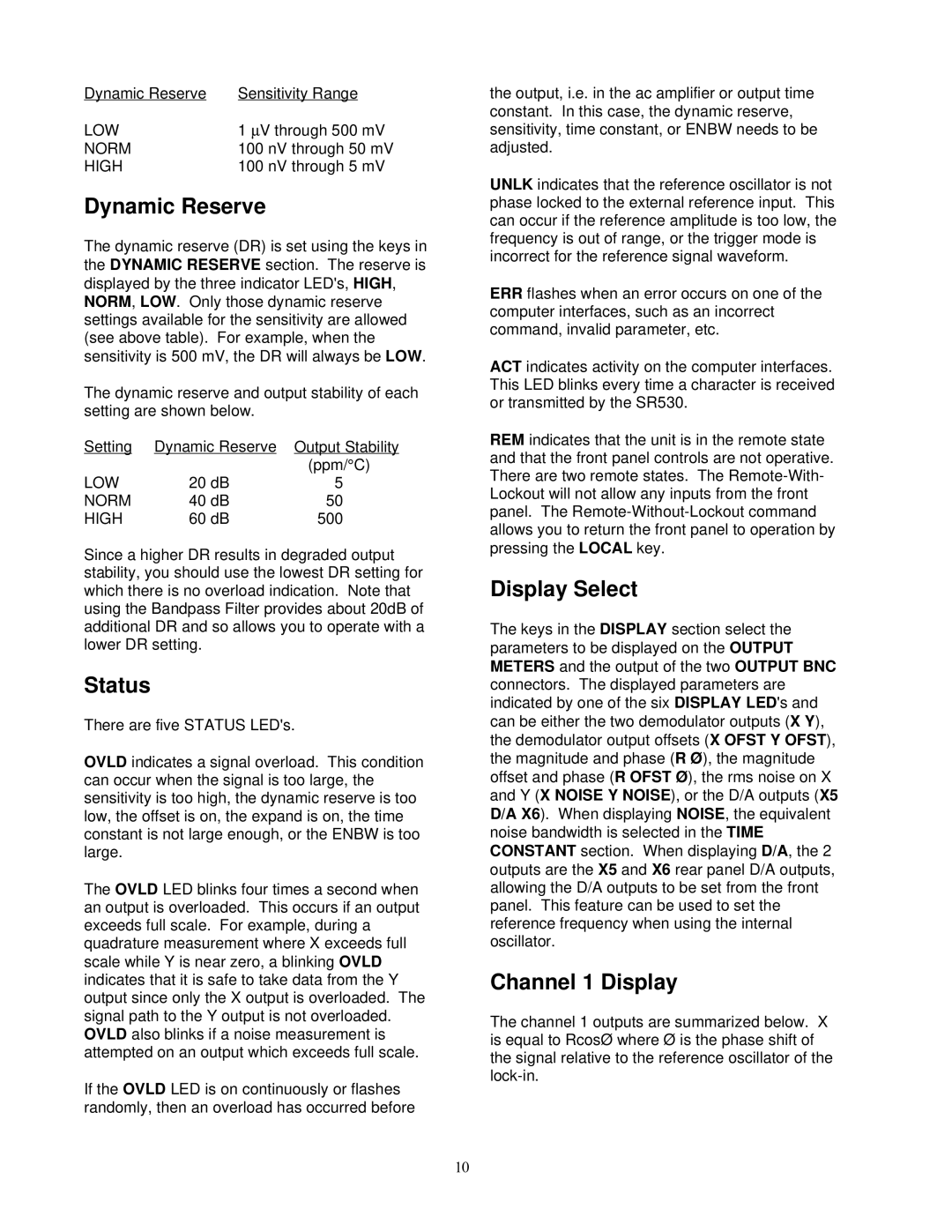 SRS Labs Lock-In Amplifier, SR530 manual Dynamic Reserve, Status, Display Select, Channel 1 Display 