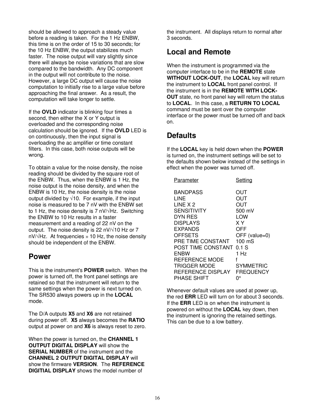 SRS Labs Lock-In Amplifier, SR530 manual Power, Local and Remote, Defaults 