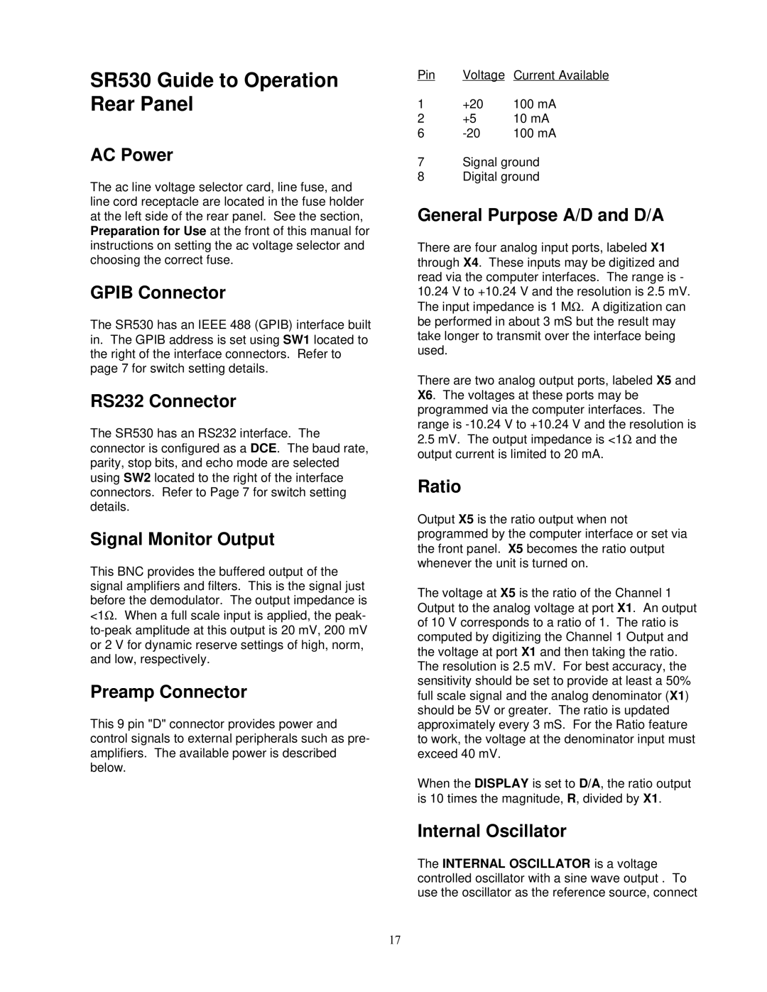 SRS Labs Lock-In Amplifier manual SR530 Guide to Operation Rear Panel 