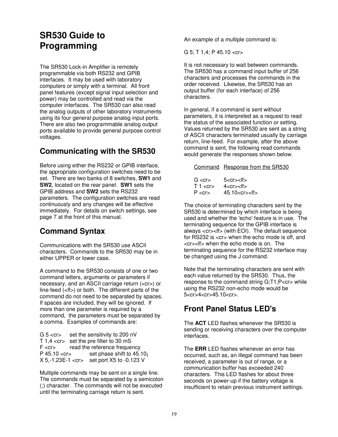 SRS Labs manual SR530 Guide to Programming, Communicating with the SR530, Command Syntax, Front Panel Status LEDs 