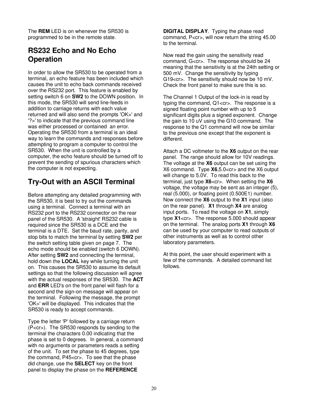SRS Labs Lock-In Amplifier, SR530 manual RS232 Echo and No Echo Operation, Try-Out with an Ascii Terminal 