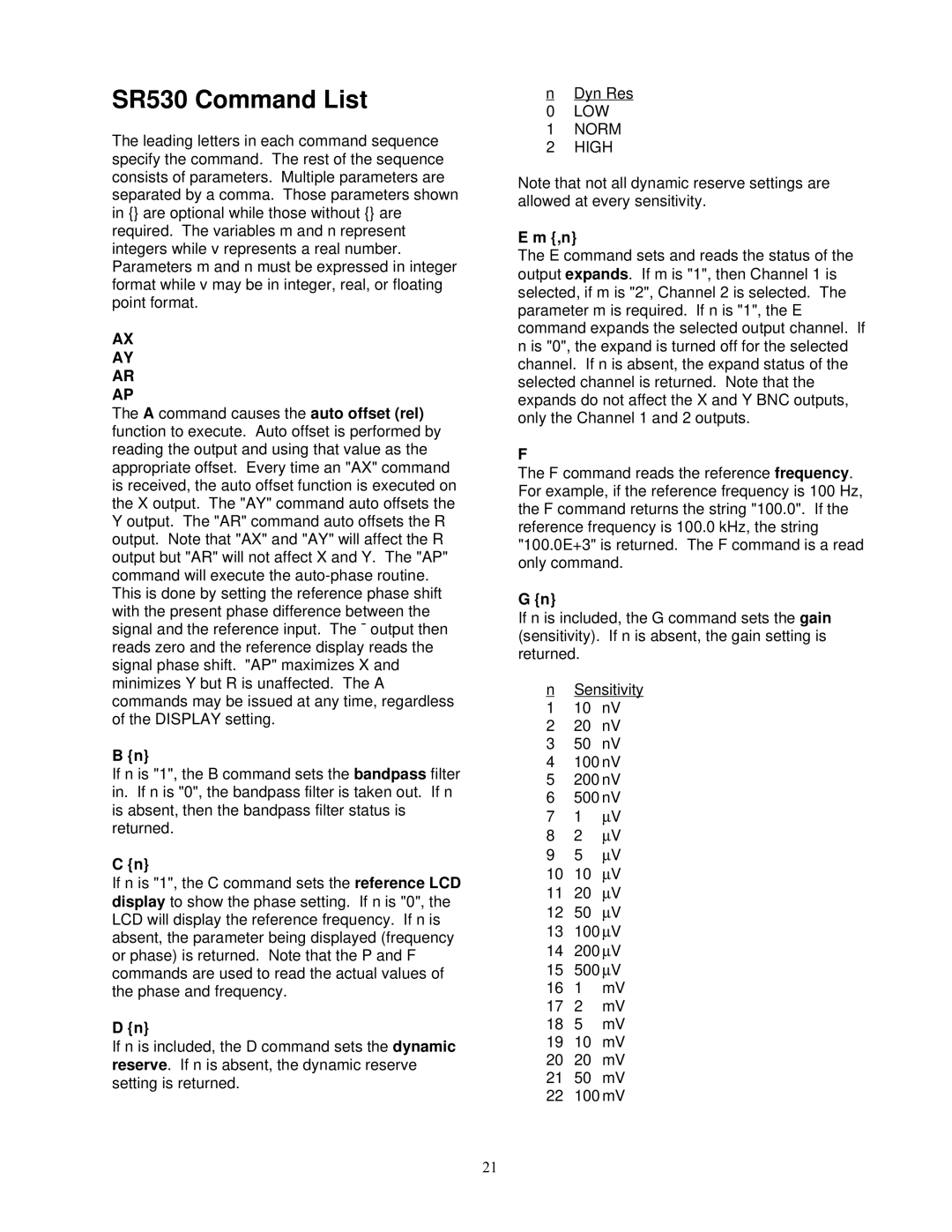 SRS Labs Lock-In Amplifier manual SR530 Command List, LOW Norm High 