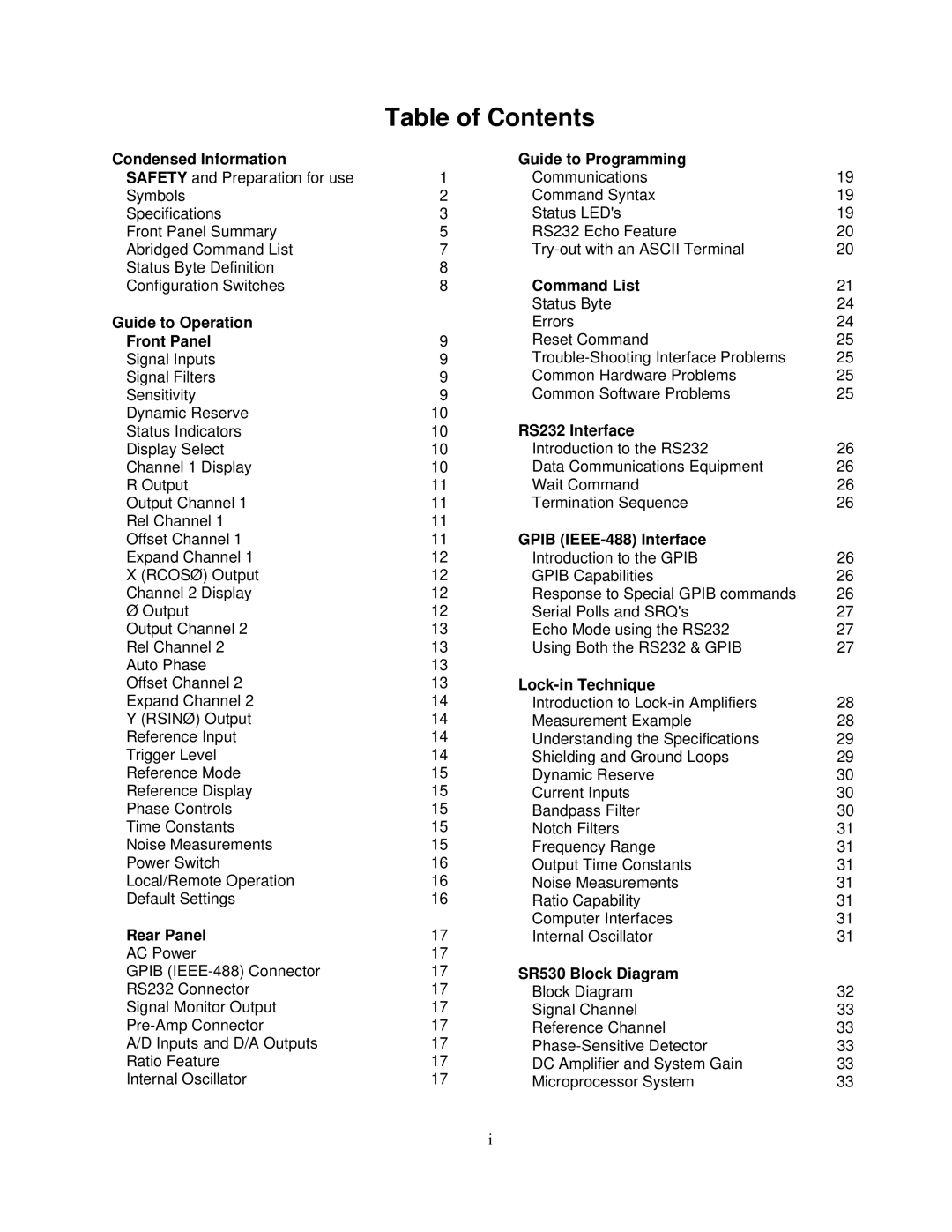 SRS Labs SR530, Lock-In Amplifier manual Table of Contents 