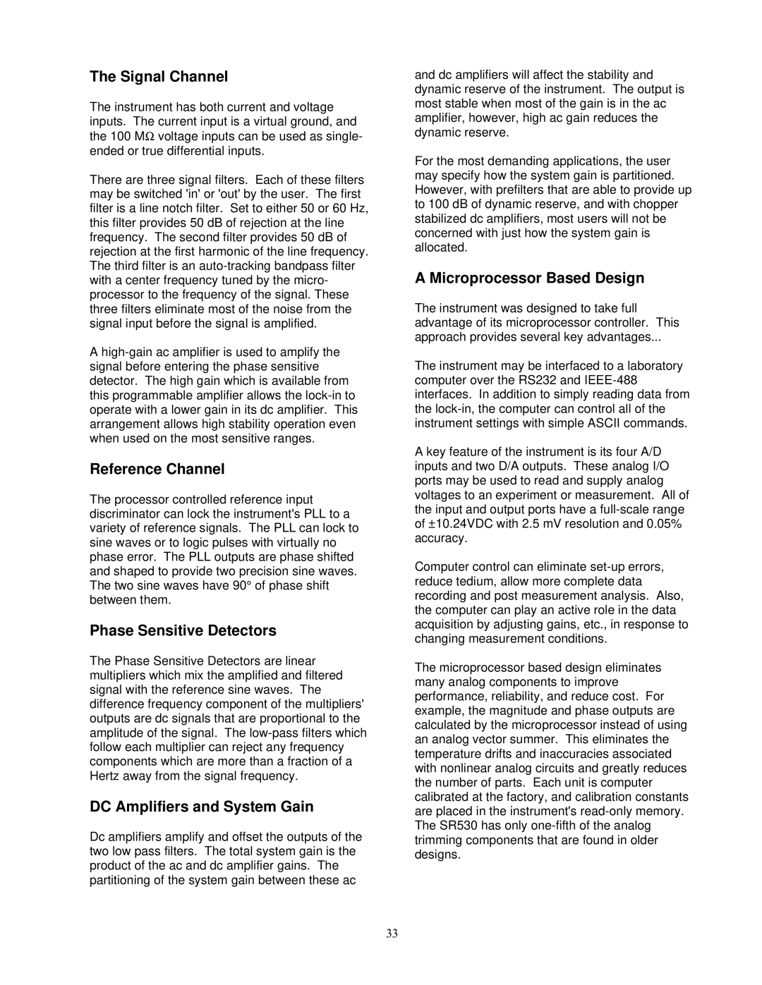 SRS Labs SR530 manual Signal Channel, Reference Channel, Phase Sensitive Detectors, DC Amplifiers and System Gain 