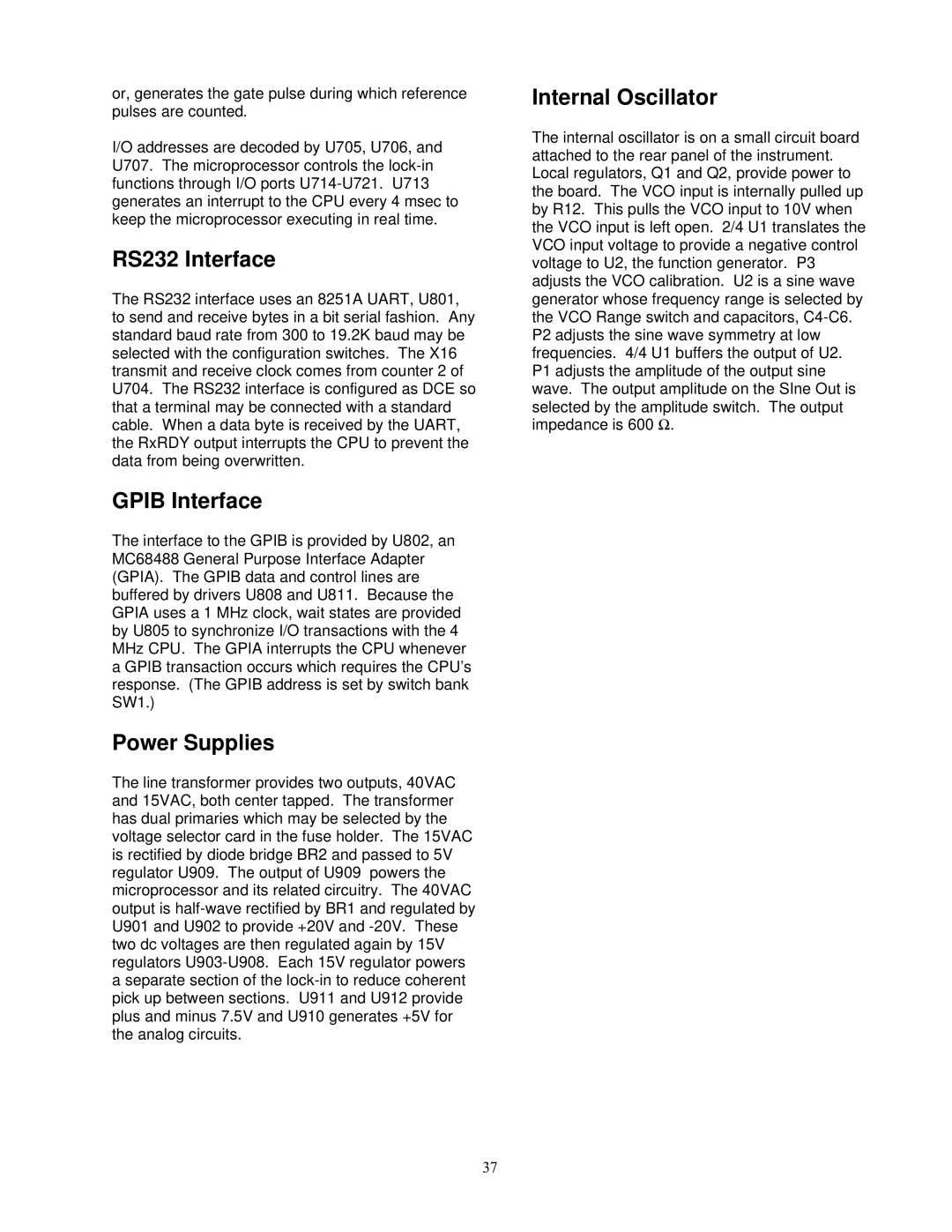 SRS Labs SR530, Lock-In Amplifier manual RS232 Interface, Gpib Interface, Power Supplies 